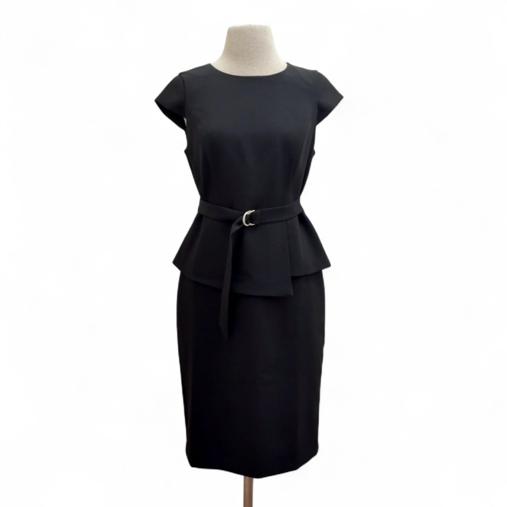 WHBM Black Belted Peplum Sheath Dress Sz 6 Small LBD Cocktail Office Old Money